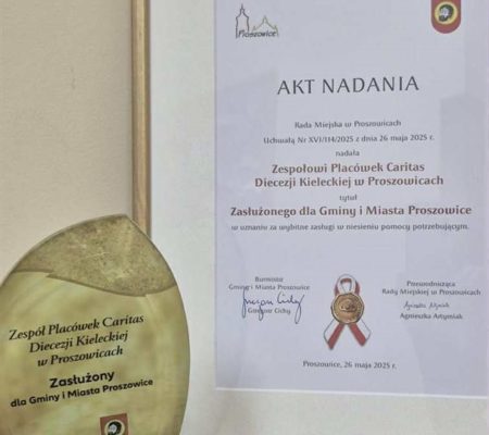 Wyróżnienie dla Zespołu Placówek Caritas w&nbsp;Proszowicach – Zasłużeni dla Gminy i&nbsp;Miasta Proszowice